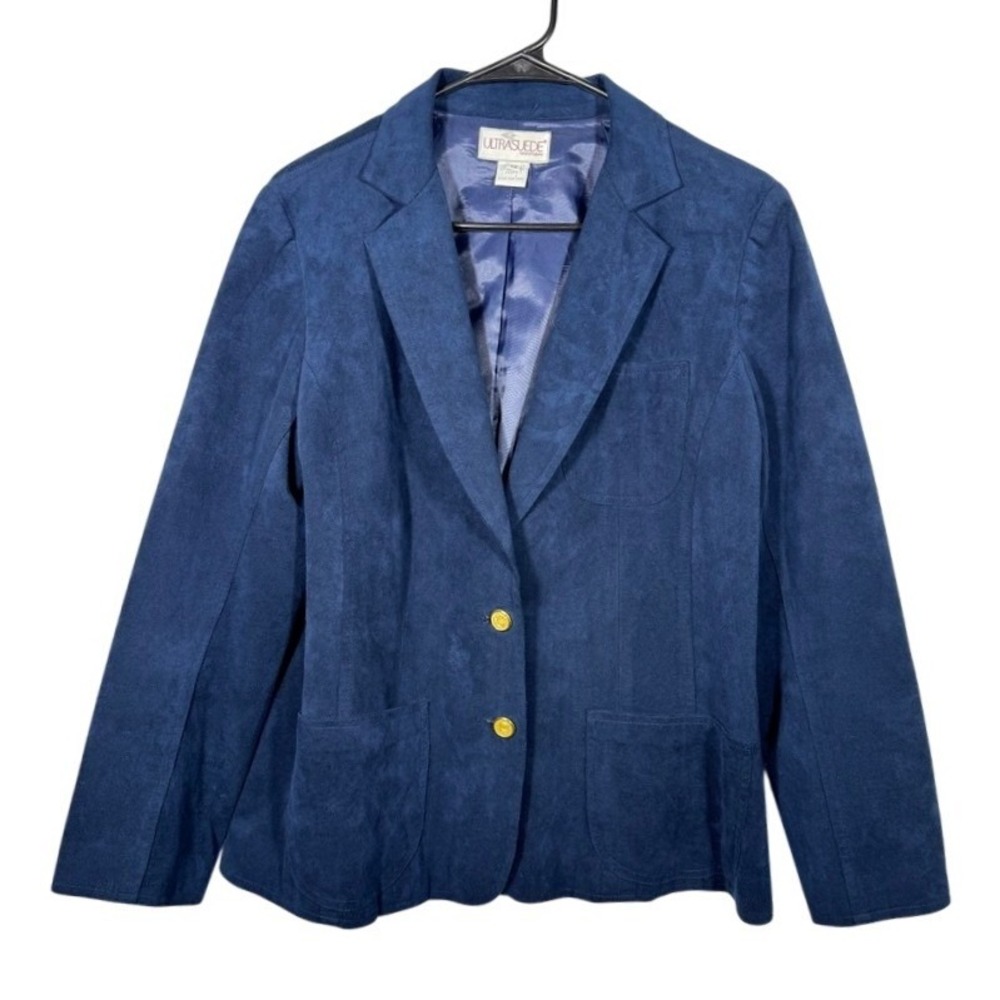 Ultrasuede Vintage Womens Blazer Size 12 Blue Gold Crest Buttons Preppy Nautical